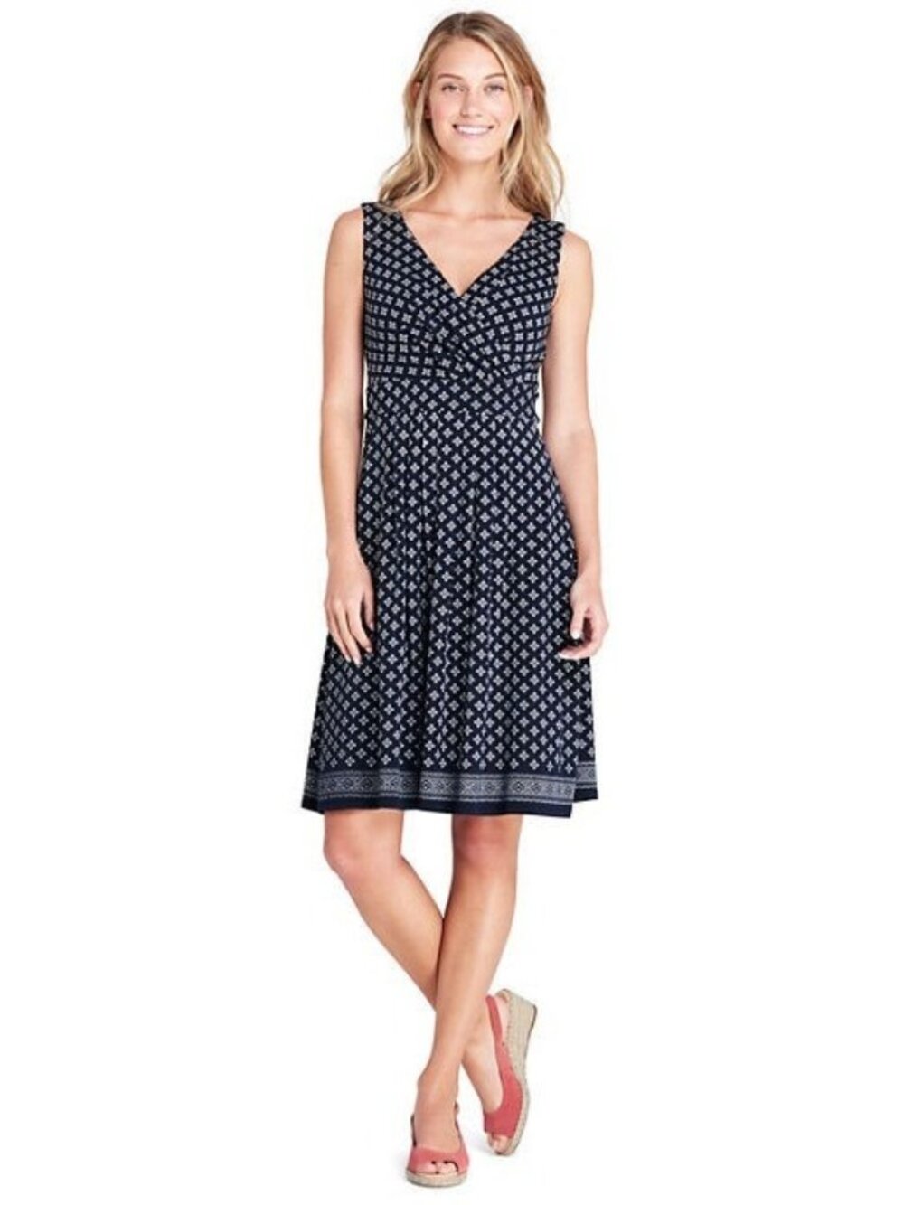 Lands' End Navy Blue Geometric Print Pleated Knit Dress Size M (10-12) Stretch